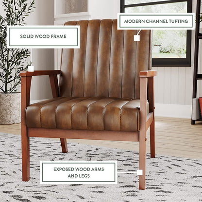 LSFH Unique Design True Innovations Channel Tufted Accent Chair Armchair with Solid sagwan Wooden Frame Single Sofa Chair for Small Apartments, Living Room or Bedroom (1 Chair, Brown)