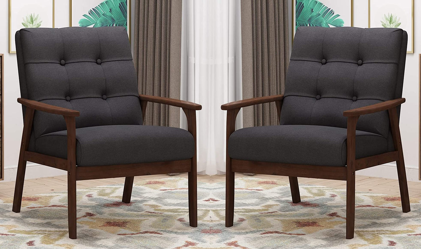 LSFH Unique Design True Innovations Waffle Stitch Tufted Accent Chair Armchair with Solid sagwan Wooden Frame Single Sofa Chair for Small Apartments, Living Room or Bedroom (Set of 2 Chairs, Grey)