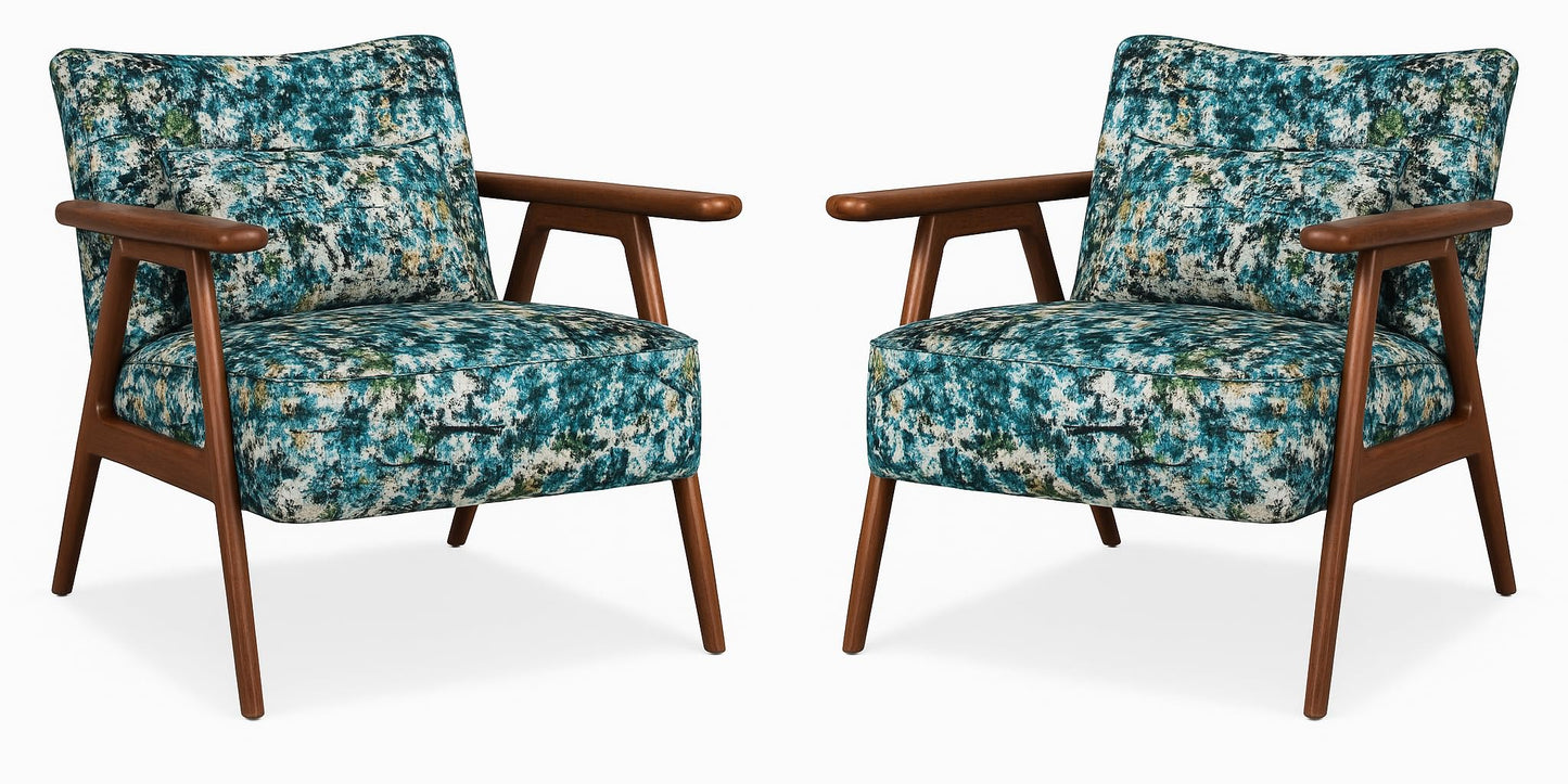 LSFH Unique Design True Innovations Grcia Hendricks Accent Chair Armchair with Solid Sagwan Wooden Frame Single Sofa Chair for Small Apartments, Living Room or Bedroom (2 Chairs, Blue Printed)