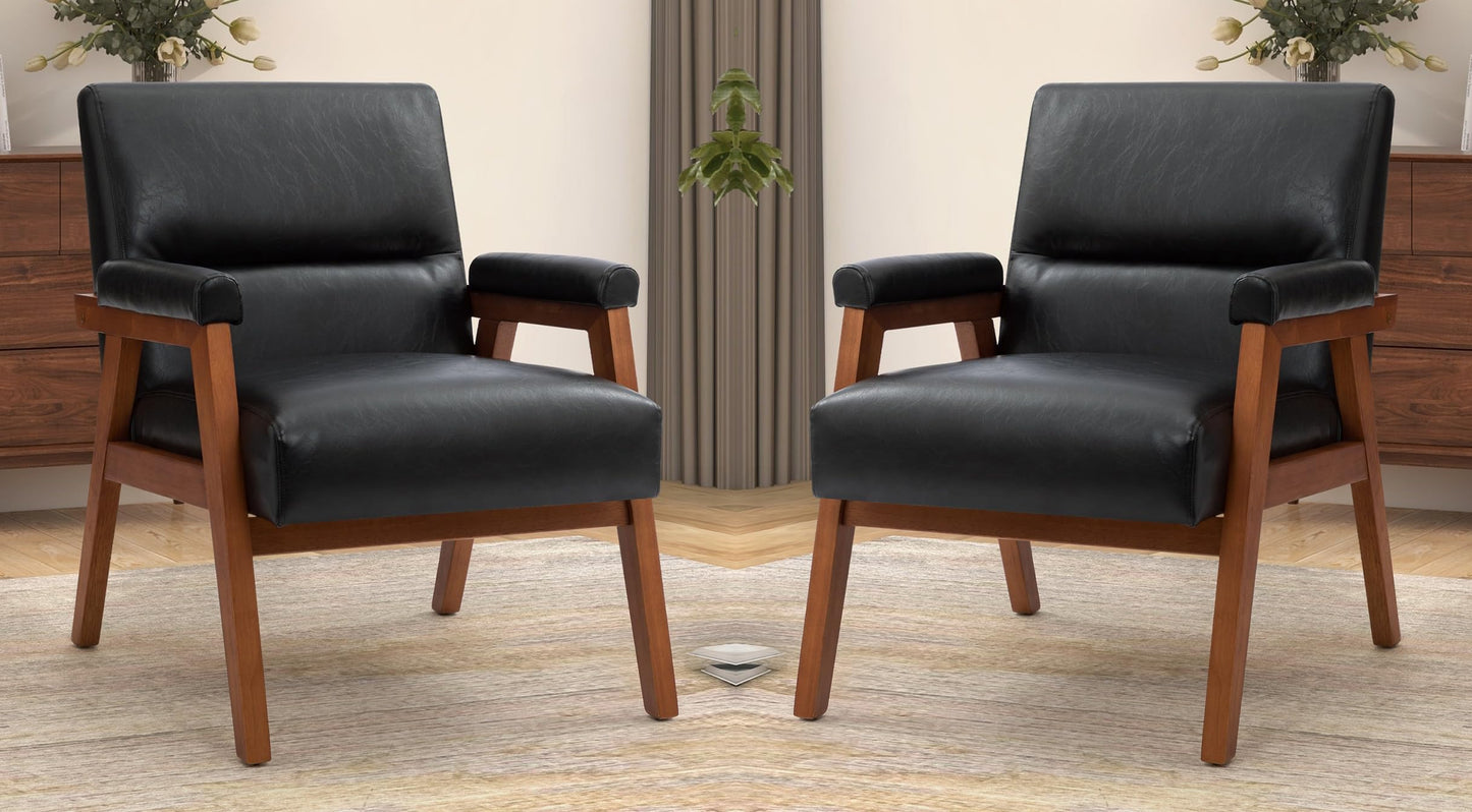 LSFH Unique Design True Innovations Mackenne Accent Chair, Ottoman Armchair with Solid Sagwan Wooden Frame Single Sofa Chair for Small Apartments, Living Room or Bedroom (Set of 2 Chairs, Black)