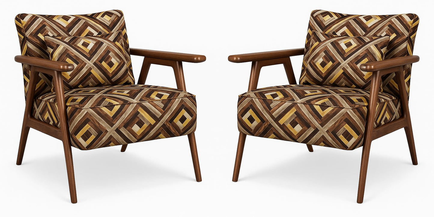 LSFH Unique Design True Innovations Grcia Hendricks Accent Chair Armchair with Solid Sagwan Wooden Frame Single Sofa Chair for Small Apartments, Living Room or Bedroom (2 Chairs, Squre Printed)