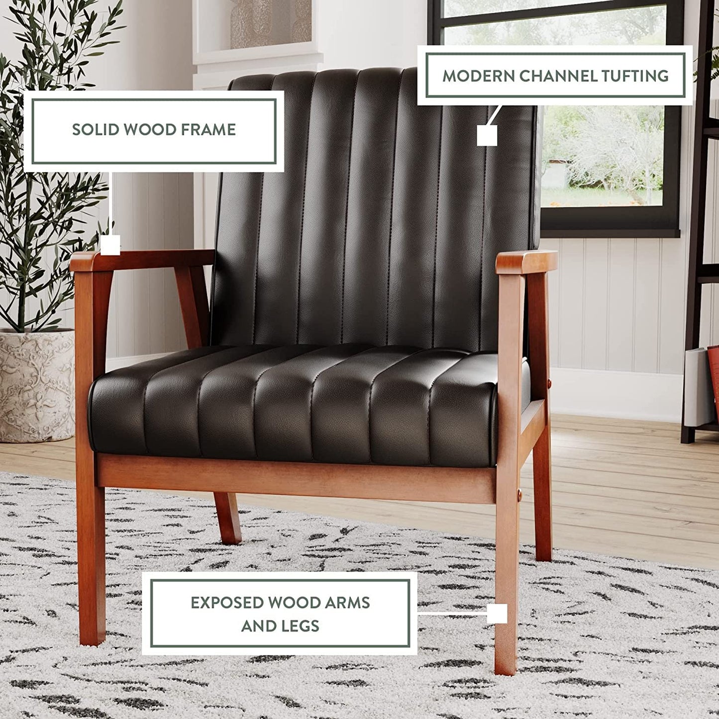 LSFH Unique Design True Innovations Channel Tufted Accent Chair Armchair with Solid sagwan Wooden Frame Single Sofa Chair for Small Apartments, Living Room or Bedroom (Set of 2 Chairs, Black)