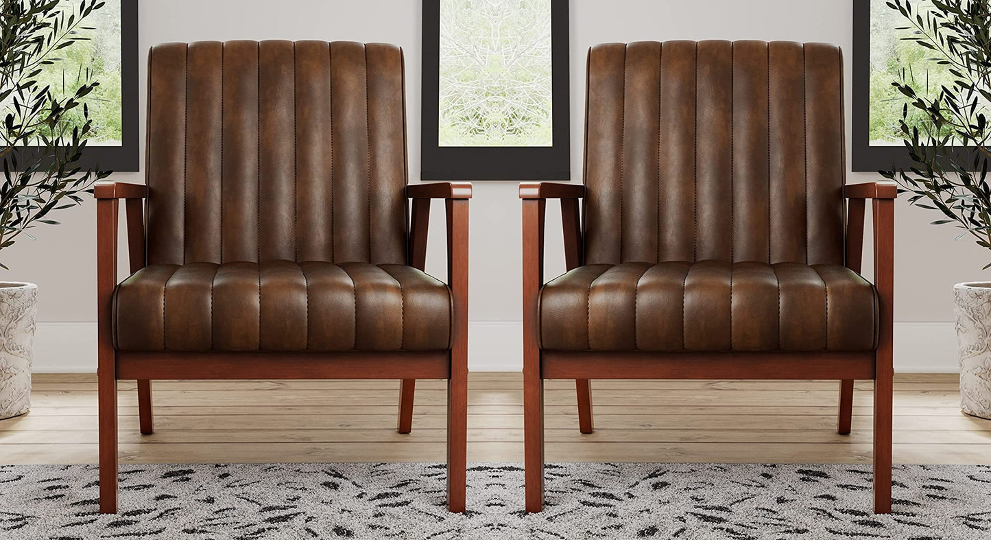 LSFH Unique Design True Innovations Channel Tufted Accent Chair Armchair with Solid Teak Wood Frame, Set of 2, Brown