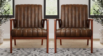 LSFH Unique Design True Innovations Channel Tufted Accent Chair Armchair with Solid Teak Wood Frame, Set of 2, Brown