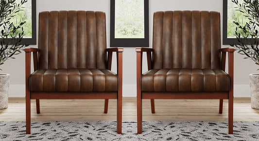 LSFH Unique Design True Innovations Channel Tufted Accent Chair Armchair with Solid Teak Wood Frame, Set of 2, Brown