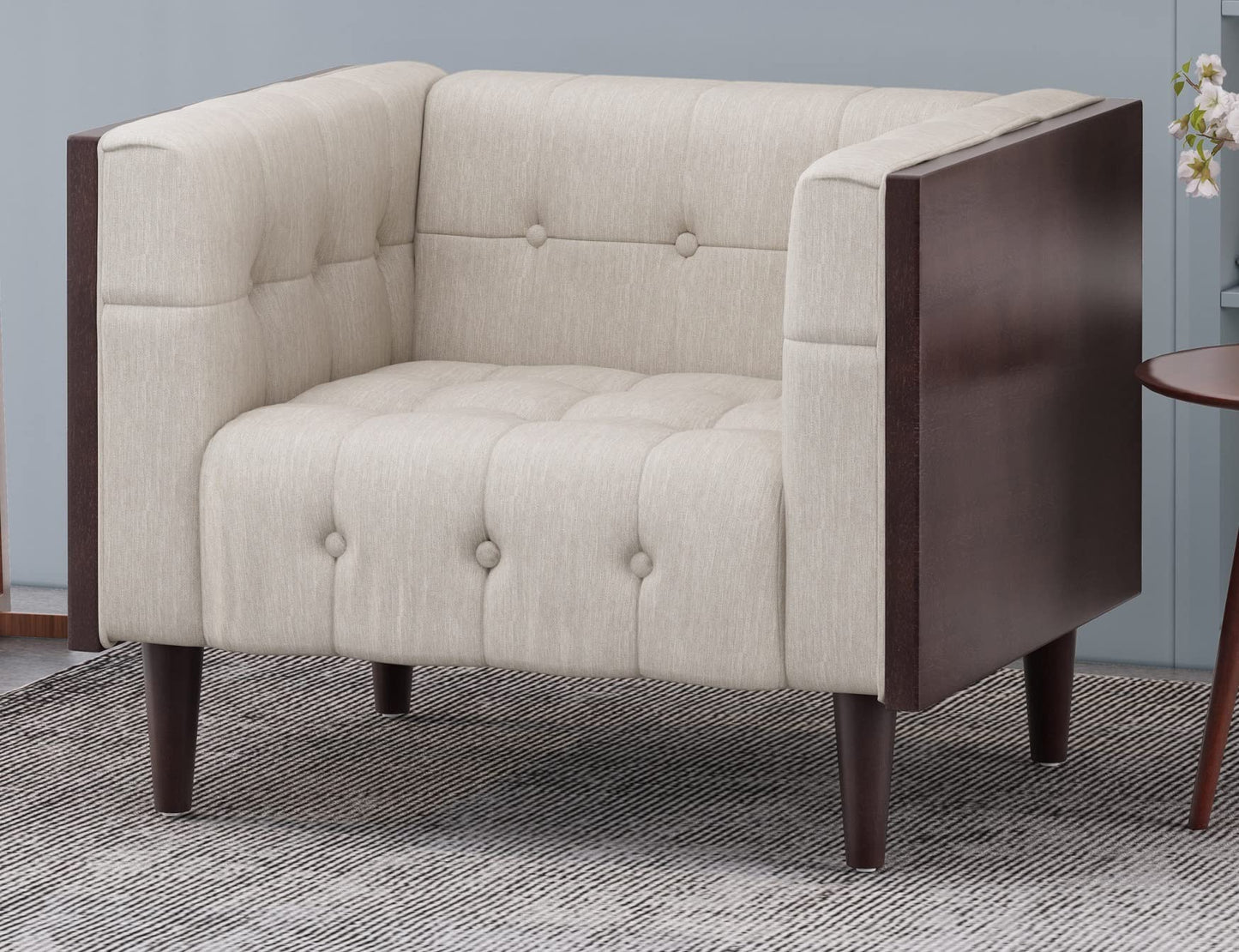LSFH Unique Design True Innovations Larnan Tufted Accent Chair Armchair with Solid sagwan Wooden Frame Single Sofa Chair for Small Apartments, Living Room or Bedroom (1 Chair, Beige)