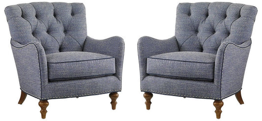 LSFH Unique Design True Innovations Oyster Button Tufted Accent Chair Armchair with Solid sagwan Wooden Legs Single Sofa Chair for Small Apartments, Living Room or Bedroom (Set of 2 Chairs, Blue)