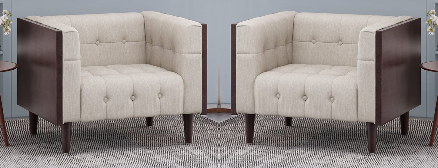 LSFH Unique Design True Innovations Larnan Tufted Accent Chair Armchair with Solid sagwan Wooden Frame Single Sofa Chair for Small Apartments, Living Room or Bedroom (Set of 2 Chairs, Beige)