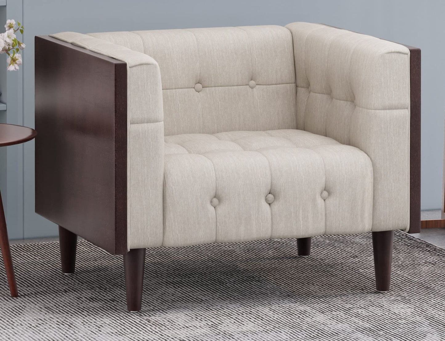 LSFH Unique Design True Innovations Larnan Tufted Accent Chair Armchair with Solid sagwan Wooden Frame Single Sofa Chair for Small Apartments, Living Room or Bedroom (1 Chair, Beige)