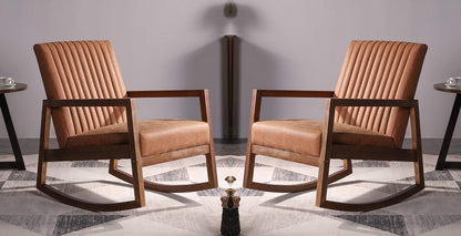 LSFH Unique Design Rocking Chair Leatherette Accent Chair Armchair with Solid Sagwan Wooden Frame Single Sofa Chair for Small Apartments, Living Room or Bedroom (Set of 2 Chair, Brown)