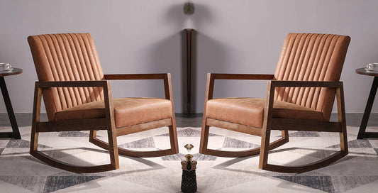 LSFH Unique Design Rocking Chair Leatherette Accent Chair Armchair with Solid Sagwan Wooden Frame Single Sofa Chair for Small Apartments, Living Room or Bedroom (Set of 2 Chair, Brown)