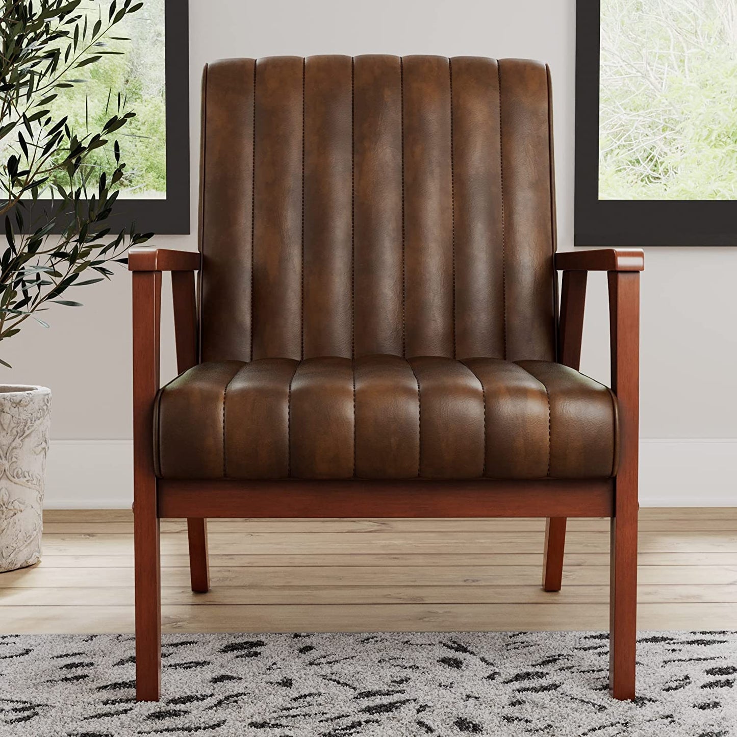 LSFH Unique Design True Innovations Channel Tufted Accent Chair Armchair with Solid Teak Wood Frame, Set of 2, Brown