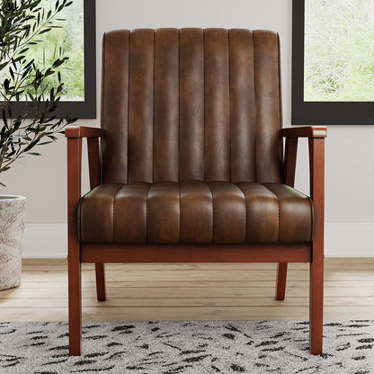 LSFH Unique Design True Innovations Channel Tufted Accent Chair Armchair with Solid Teak Wood Frame, Set of 2, Brown