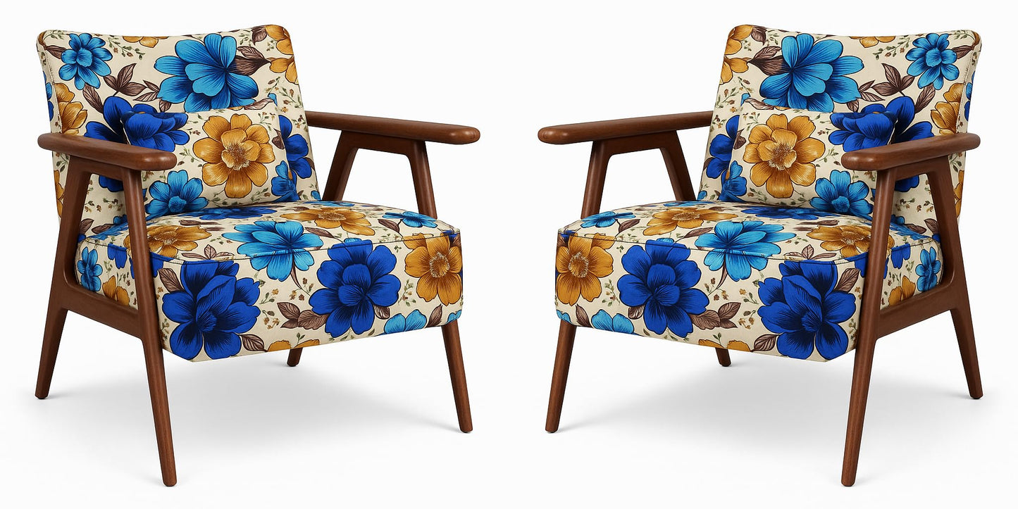 LSFH Unique Design Grcia Hendricks Accent Chair Armchair with Solid Sagwan Wooden Frame Single Sofa Chair for Small Apartments, Living Room or Bedroom (Set of 2 Chairs, Flower Printed)