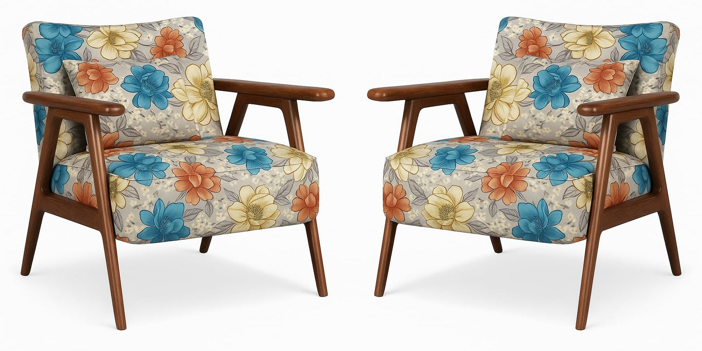 LSFH Unique Design Grcia Hendricks Accent Chair Armchair with Solid Sagwan Wooden Frame Single Sofa Chair for Small Apartments, Living Room or Bedroom (Set of 2 Chairs, Beige Flower Printed)