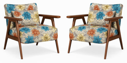 LSFH Unique Design Grcia Hendricks Accent Chair Armchair with Solid Sagwan Wooden Frame Single Sofa Chair for Small Apartments, Living Room or Bedroom (Set of 2 Chairs, Beige Flower Printed)