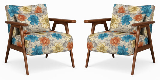 LSFH Unique Design Grcia Hendricks Accent Chair Armchair with Solid Sagwan Wooden Frame Single Sofa Chair for Small Apartments, Living Room or Bedroom (Set of 2 Chairs, Beige Flower Printed)