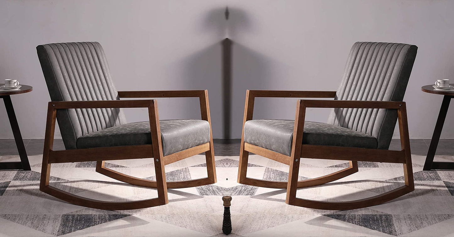 LSFH Unique Design Rocking Chair Leatherette Accent Chair Armchair with Solid Sagwan Wooden Frame Single Sofa Chair for Small Apartments, Living Room or Bedroom (Set of 2 Chair, Grey)