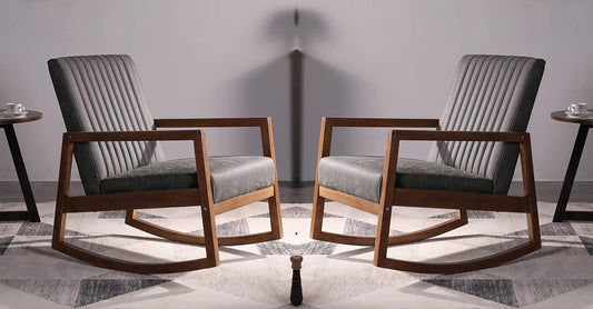 LSFH Unique Design Rocking Chair Leatherette Accent Chair Armchair with Solid Sagwan Wooden Frame Single Sofa Chair for Small Apartments, Living Room or Bedroom (Set of 2 Chair, Grey)