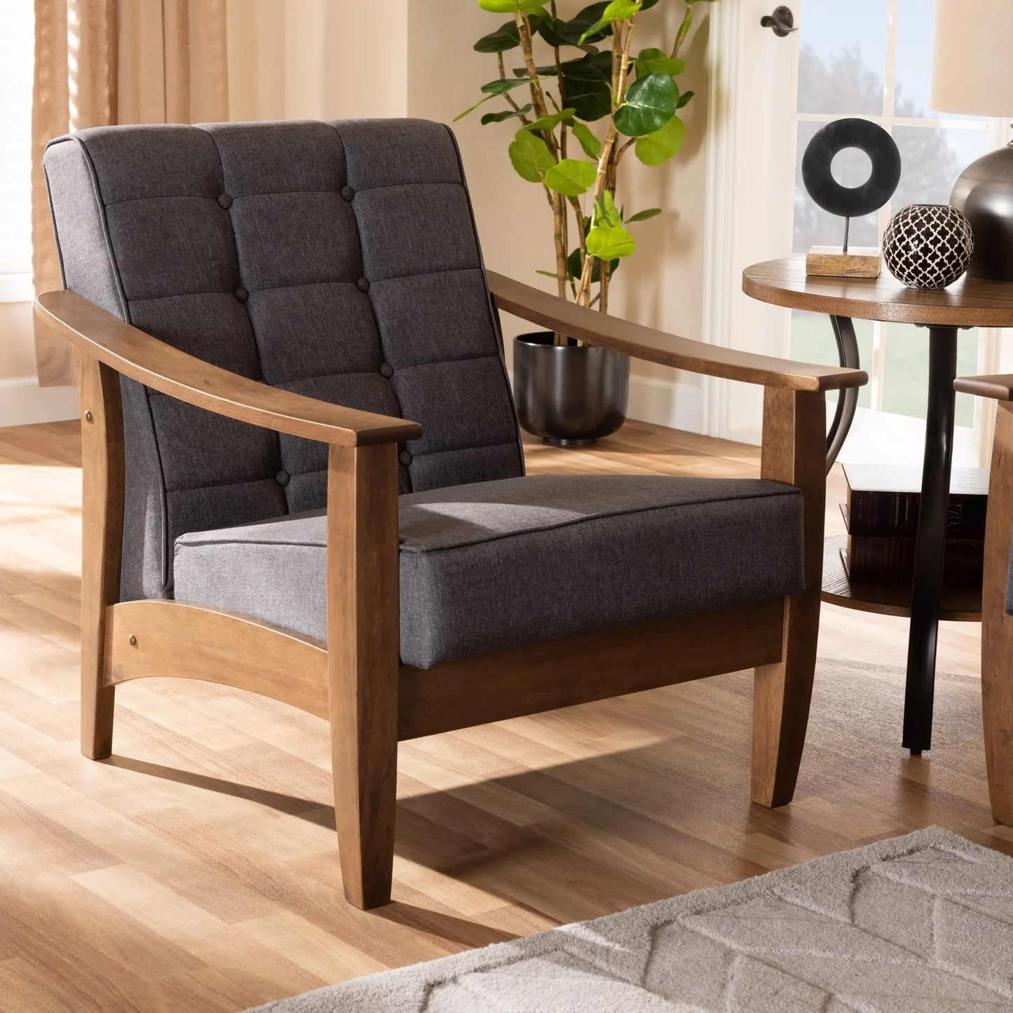 LSFH Unique Design Brook Button Tufted Fabric Accent Chair Armchair with Solid Sagwan Wooden Frame Single Sofa Chair for Small Apartments, Living Room or Bedroom (Set of 2 Chairs, Grey)