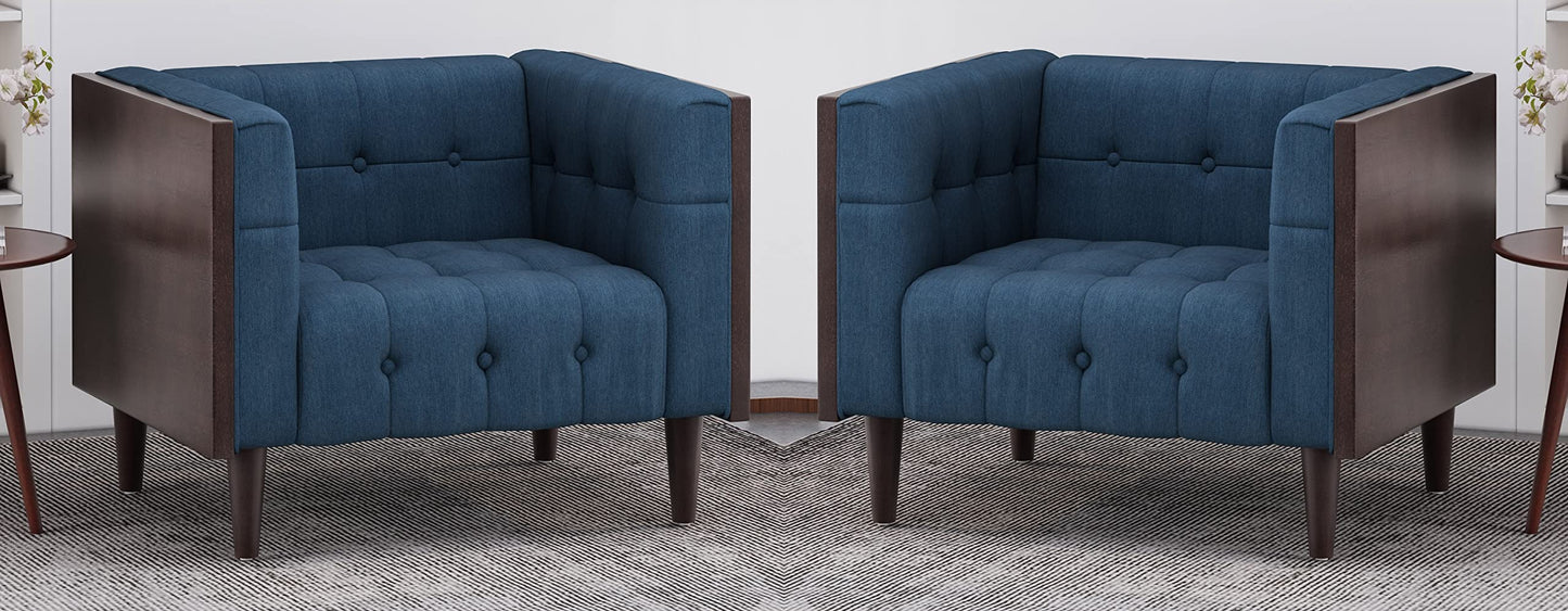 LSFH Unique Design True Innovations Larnan Tufted Accent Chair Armchair with Solid sagwan Wooden Frame Single Sofa Chair for Small Apartments, Living Room or Bedroom (Set of 2 Chairs, Navy)