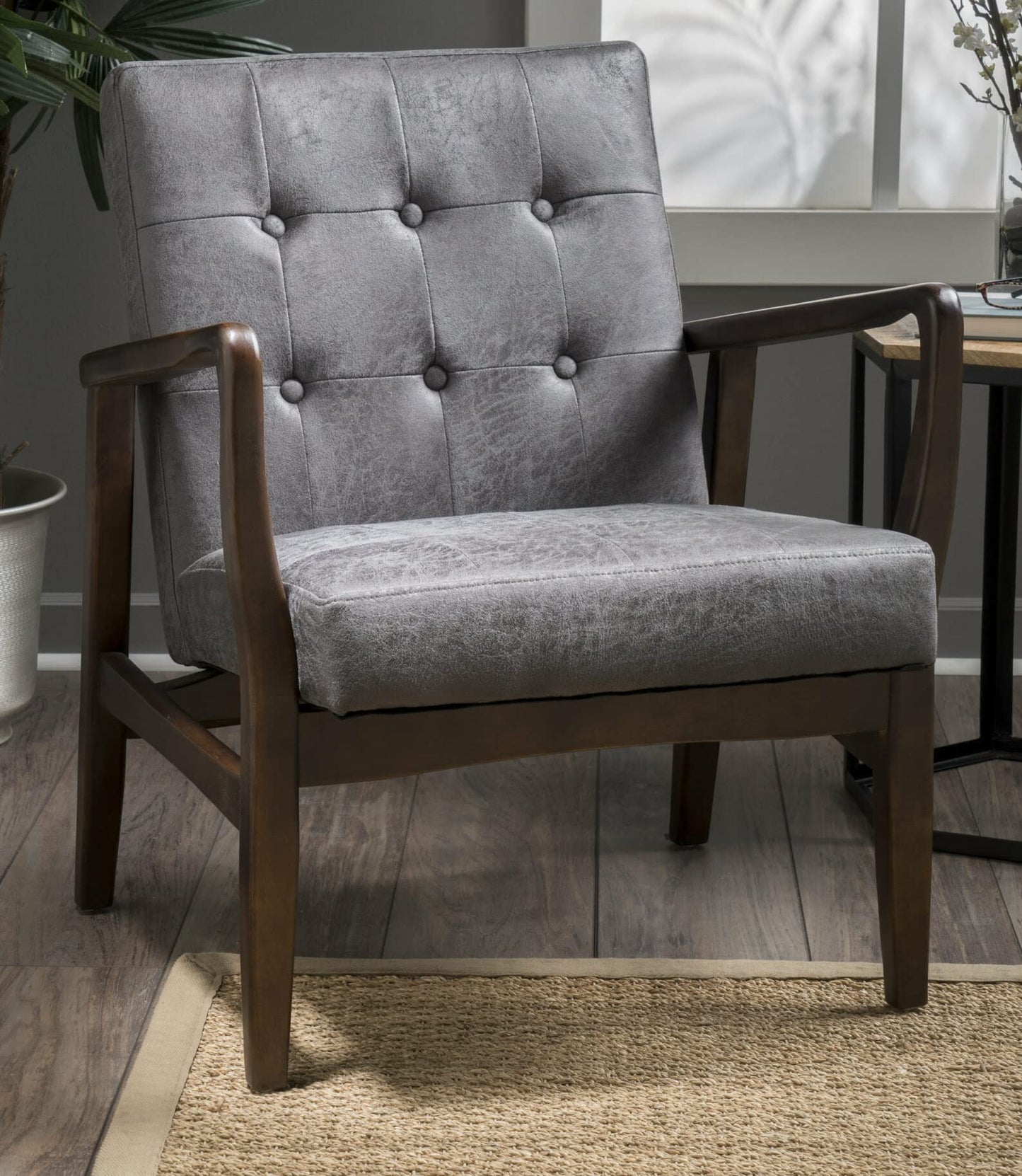 LSFH Unique Design True Innovations Marcola Button Tufted Accent Chair Armchair with Solid sagwan Wooden Legs Single Sofa Chair for Small Apartments, Living Room or Bedroom (Set of 2 Chairs, Grey)