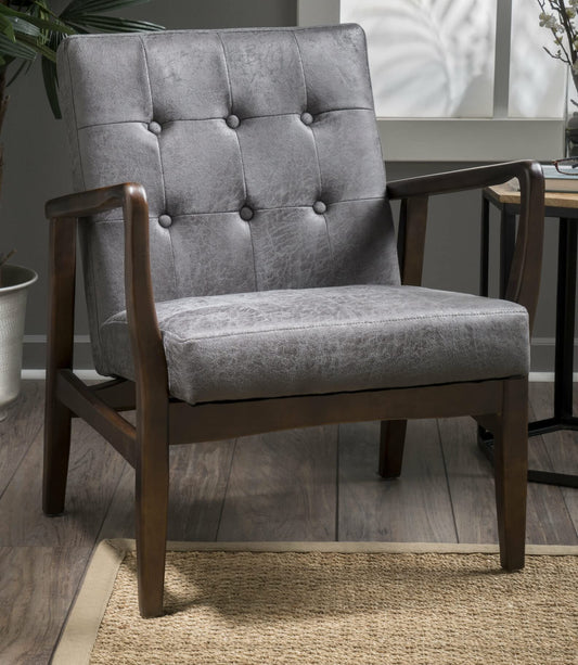 LSFH Unique Design True Innovations Marcola Button Tufted Accent Chair Armchair with Solid sagwan Wooden Legs Single Sofa Chair for Small Apartments, Living Room or Bedroom (1 Chair, Grey)