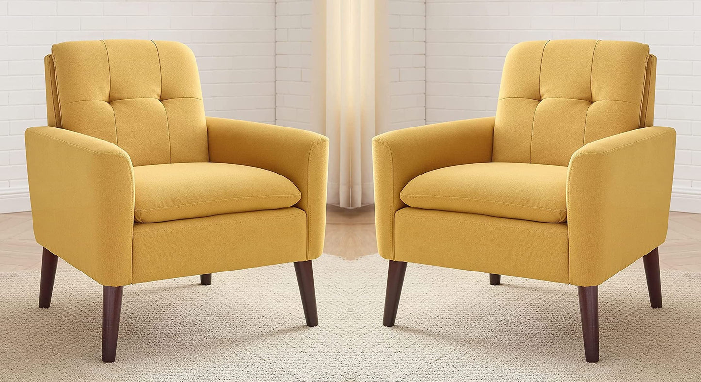 LSFH Unique Design True Innovations Button Tufted Fabric Accent Chair Armchair with Solid Sagwan Wooden Frame Single Sofa Chair for Small Apartments, Living Room or Bedroom (Set of 2 Chairs, Yellow)