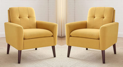 LSFH Unique Design True Innovations Button Tufted Fabric Accent Chair Armchair with Solid Sagwan Wooden Frame Single Sofa Chair for Small Apartments, Living Room or Bedroom (Set of 2 Chairs, Yellow)