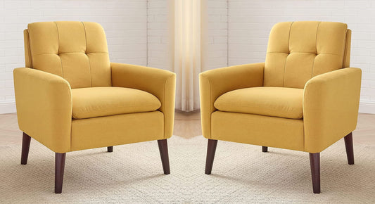 LSFH Unique Design True Innovations Button Tufted Fabric Accent Chair Armchair with Solid Sagwan Wooden Frame Single Sofa Chair for Small Apartments, Living Room or Bedroom (Set of 2 Chairs, Yellow)
