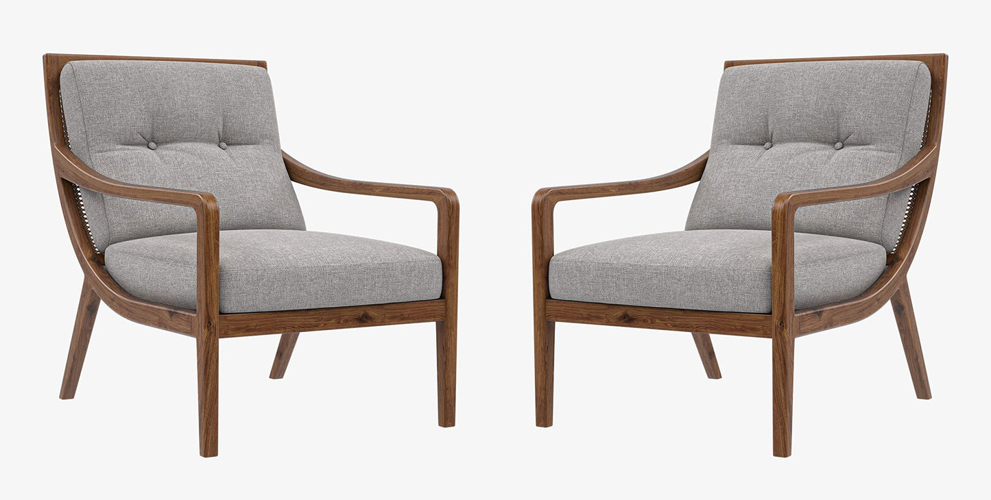 LSFH Unique Design True Innovations Haz Rattan Woven Chair Accent Chair Armchair with Solid Sagwan Wooden Frame Single Sofa Chair for Small Apartments, Living Room or Bedroom (Set of 2 Chairs, Grey)